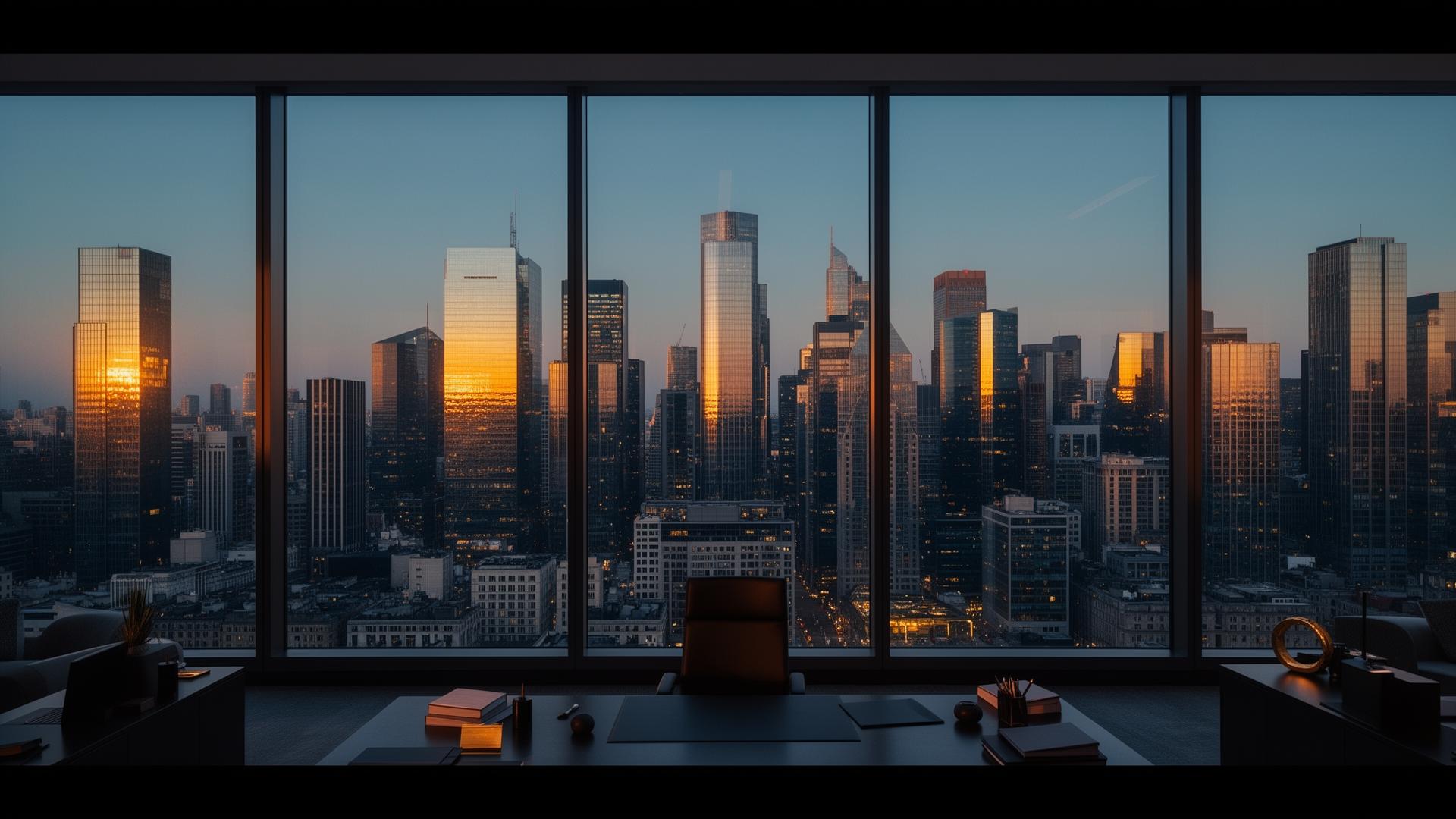 View of an international finance district at dusk from an executive office